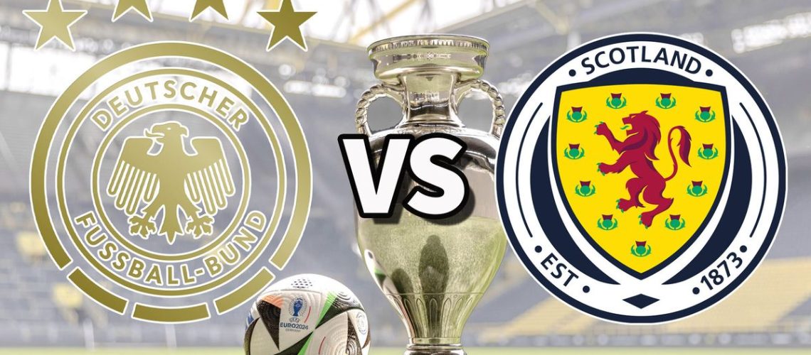 Deutschland and Scotland national football team logos either side of the Euro 2024 trophy ahead of the Germany vs Scotland live stream at the opening Euro 2024 match.