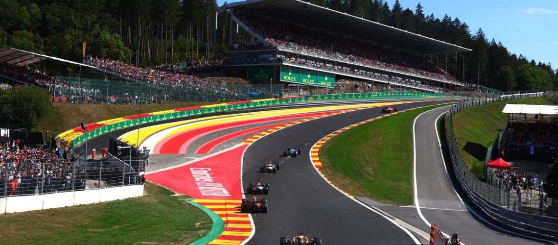 A general view of the start of the race as cars make their way up Eau Rouge during the F1 Belgium Grand Prix at Circuit de Spa-Francorchamps
