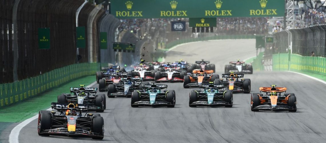 The race start during the F1 Grand Prix of Brazil at Autodromo Jose Carlos Pace on November 5, 2023 in Sao Paulo, Brazil.