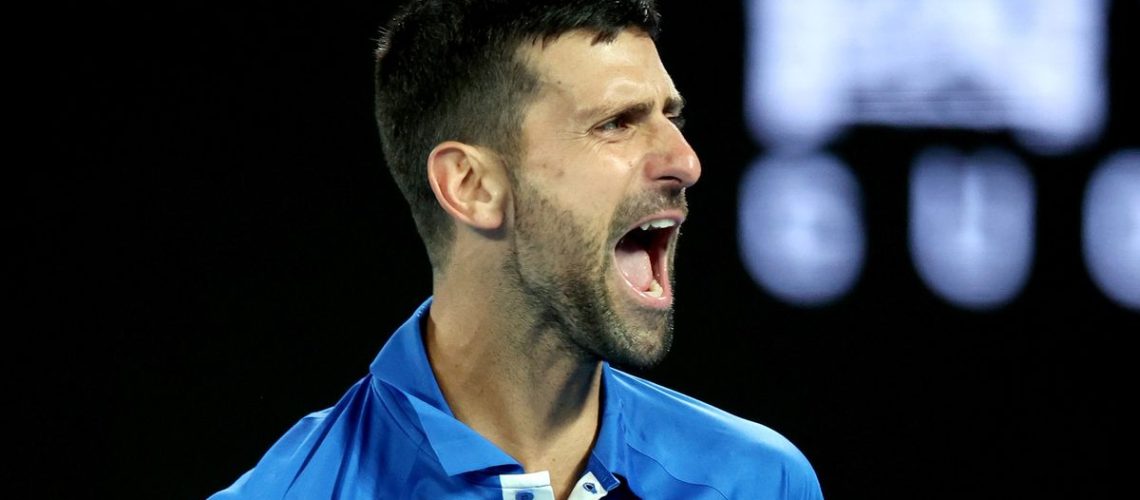 Novak Djokovic of Serbia celebrates match point prior to the Djokovic vs Fritz live stream at the Australian Open 2024