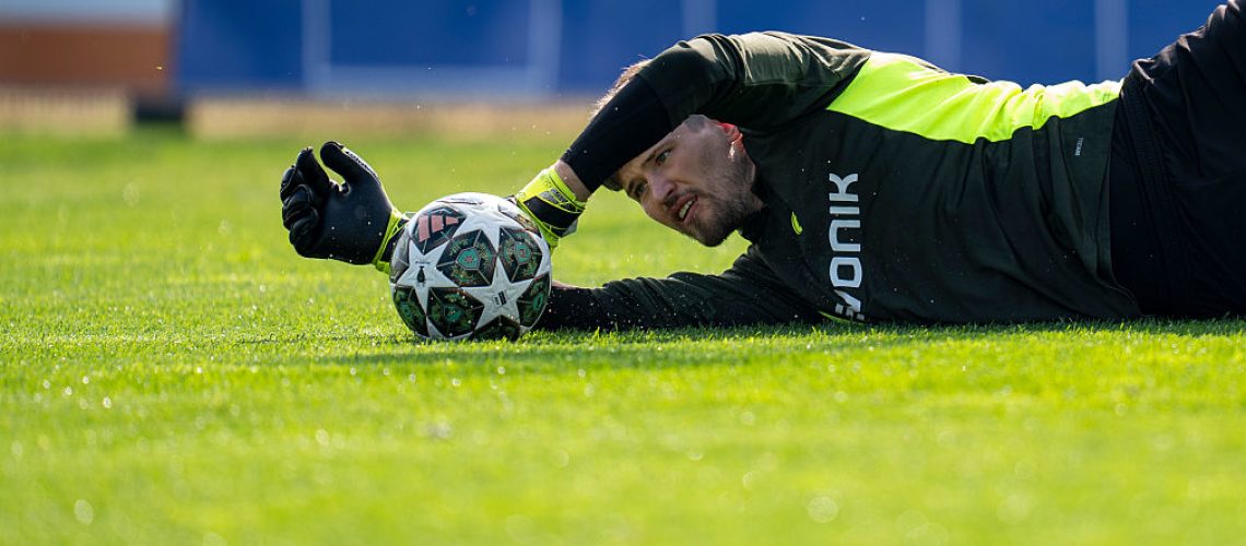 Gregor Kobel of Borussia Dortmund during a training session ahead of their UEFA Champions League 2024/25 quarter final second leg match in April 2025