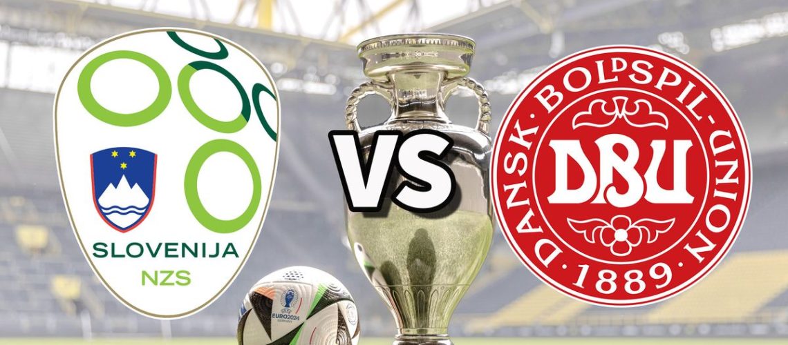 The Slovenia and Denmark club badges on top of a photo of the Euro 2024 trophy and match ball