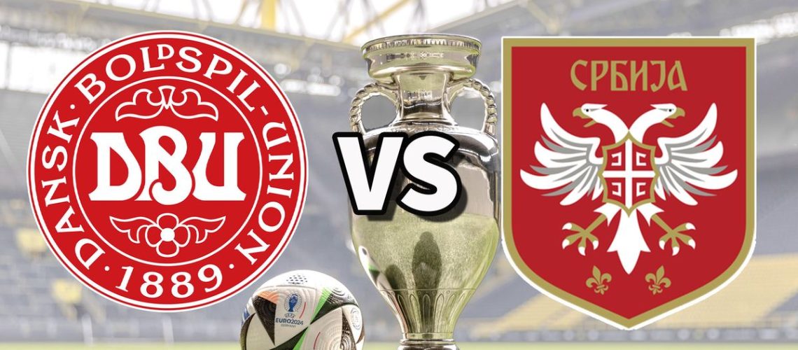 The Denmark and Serbia club badges on top of a photo of the Euro 2024 trophy and match ball
