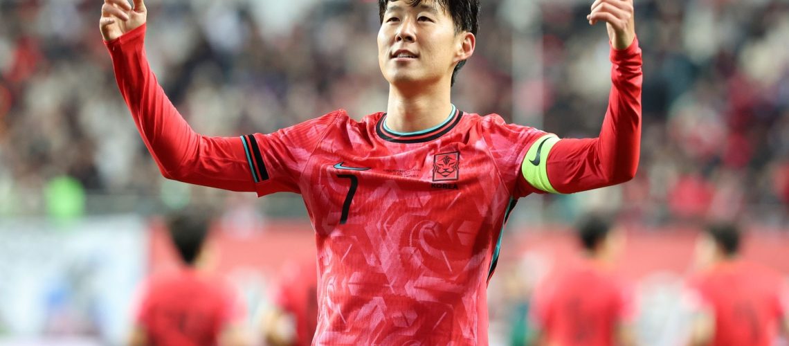 DAEJEON, SOUTH KOREA - NOVEMBER 14: Son Heung Min of South Korea celebrates after scoring the team's first goal during the international friendly match between South Korea and Bolivia at Daejeon World Cup Stadium on November 14, 2025 in Daejeon, South Korea. (Photo by Chung Sung-Jun/Getty Images)