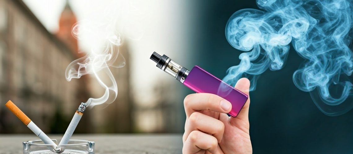 A young adult holding a brightly colored disposable e-cigarette, with a background showing contrasting elements: a traditional cigarette extinguished in an ashtray on one side and a modern vape cloud on the other.