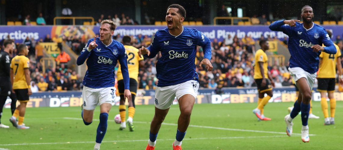 Iliman Ndiaye celebrates scoring Everton's second goal vs Wolves as he taunts the away fans.