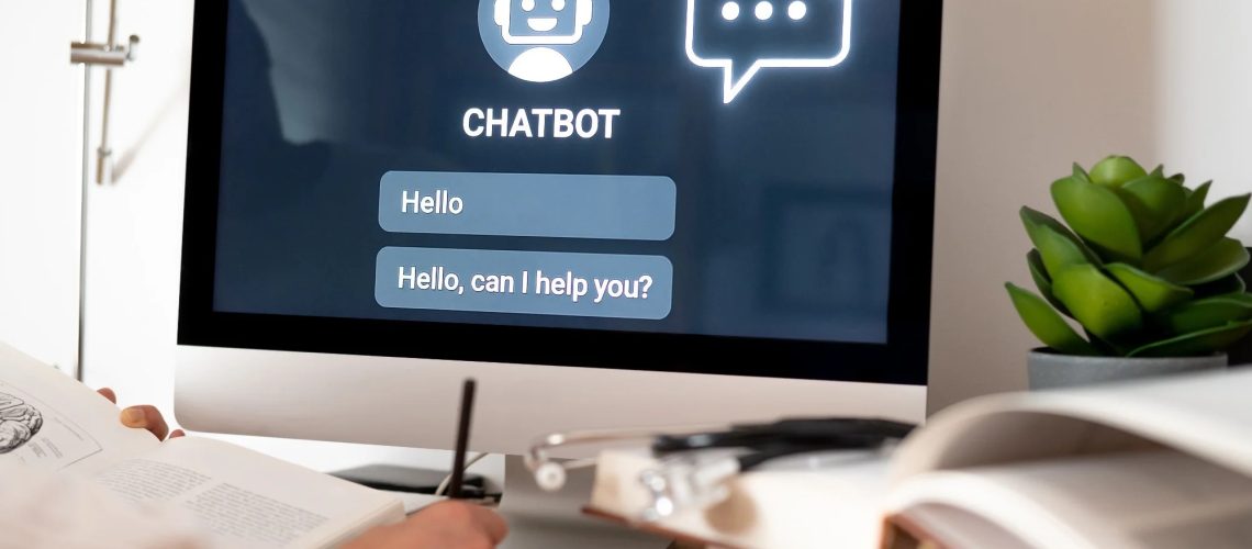 Medical student is taking notes while using an ai-powered chatbot on a computer, enhancing learning and exploring future possibilities of healthcare with technology