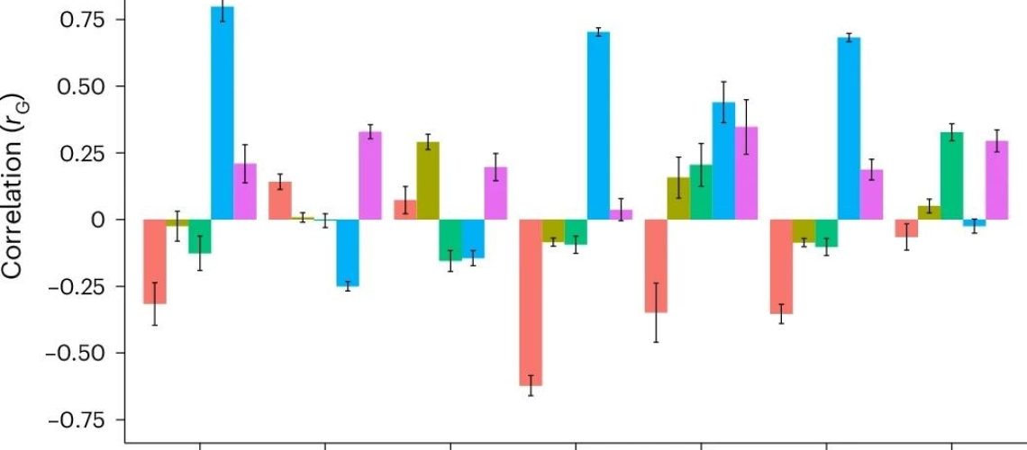 The y axis is the genetic correlation. Error bars (in black) indicate the 95% CIs of the estimated genetic correlation. Anxiety indicates substances taken for anxiety; medication is prescribed for at least 2 weeks. Heavy DIY activities describes the types of physical activity in last 4 weeks; for example, weeding, lawn mowing, carpentry and digging. Manic behaviour describes manic/hyper behaviour for 2 days. Study: A genome-wide investigation into the underlying genetic architecture of personality traits and overlap with psychopathology
