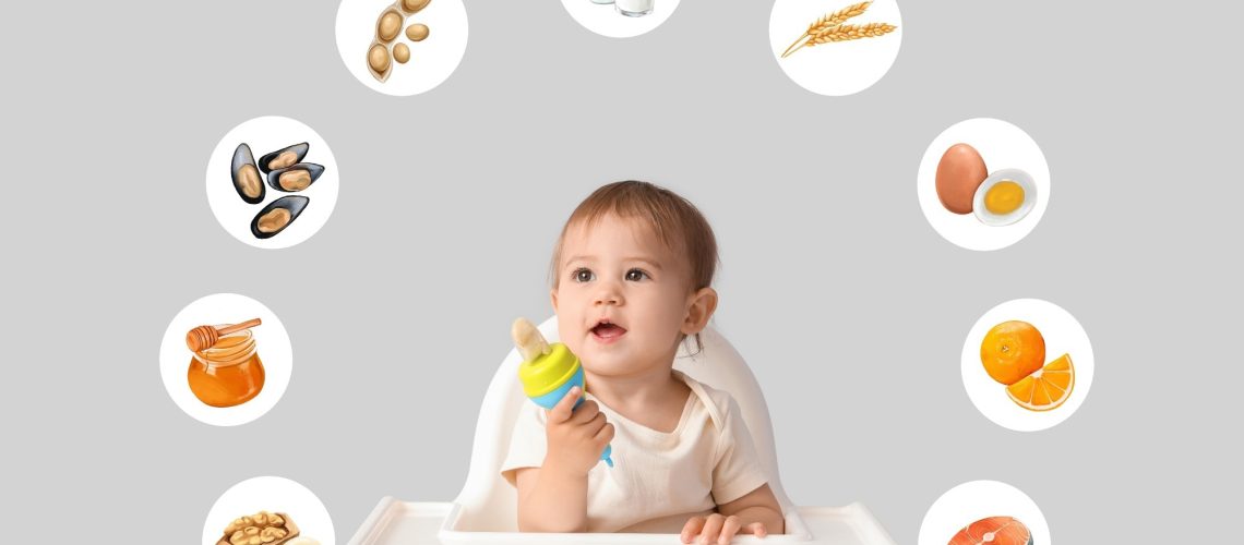 Baby and different drawn products of common food allergens