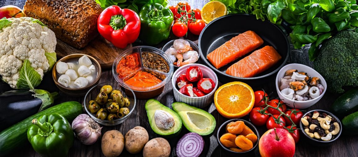 Food products representing the Mediterranean diet.