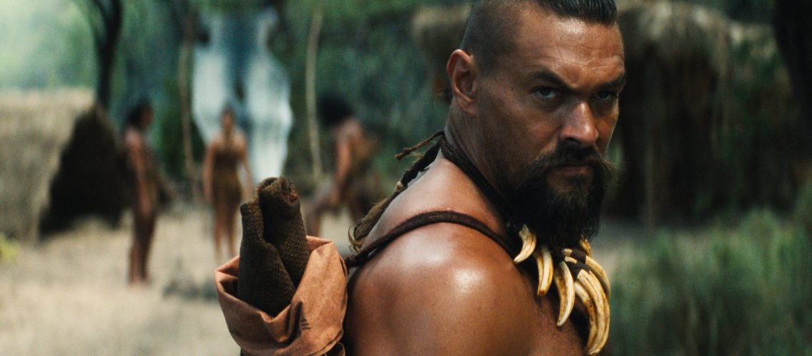 Jason Momoa looks over his shoulder in a scene from Apple TV Plus' "Chief of War"