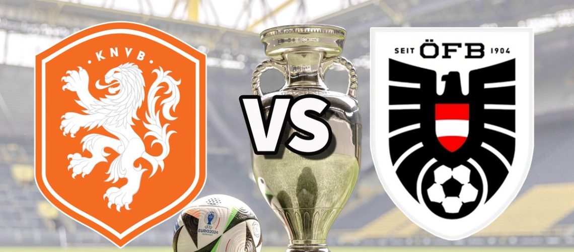 The Netherlands and Austria club badges on top of a photo of the Euro 2024 trophy and match ball