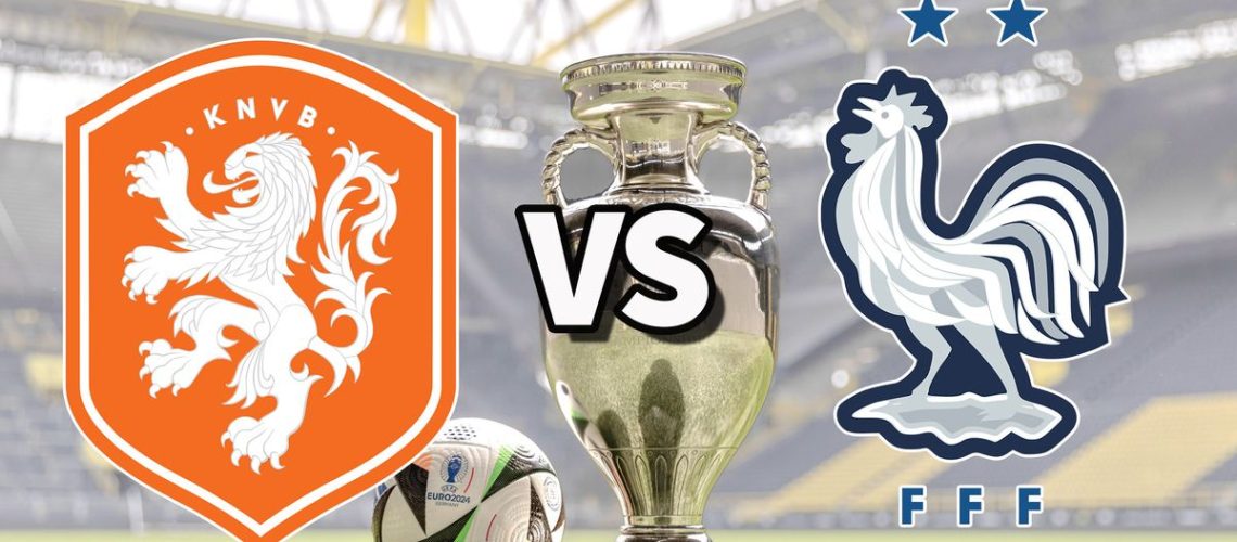 The Netherlands and France club badges on top of a photo of the Euro 2024 trophy and match ball