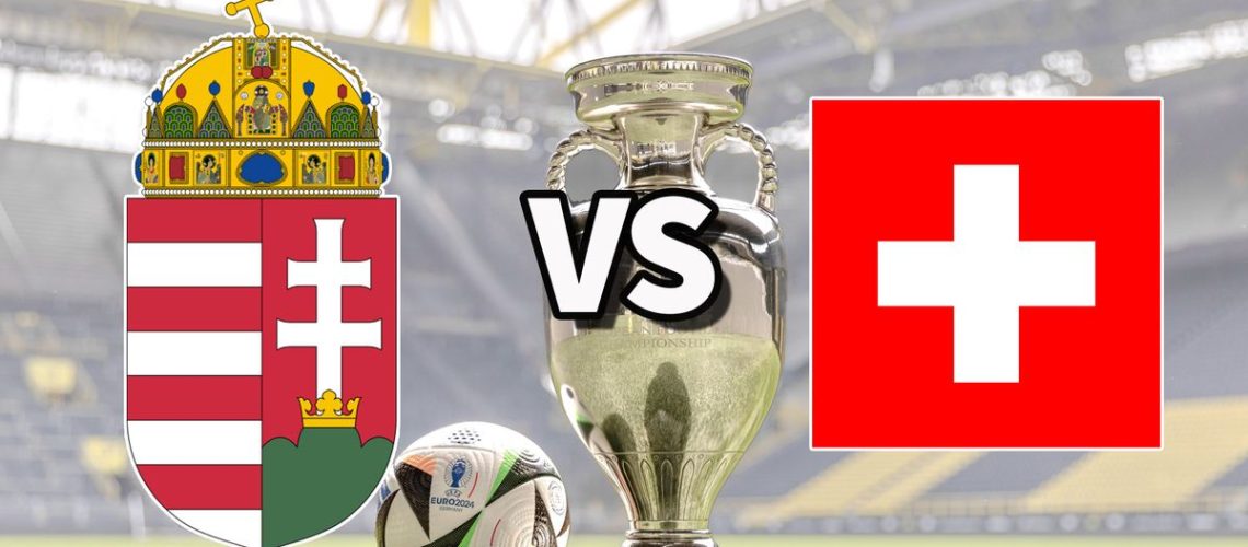 The Hungary and Switzerland international football team badges on top of a photo of the Euro 2024 trophy and match ball