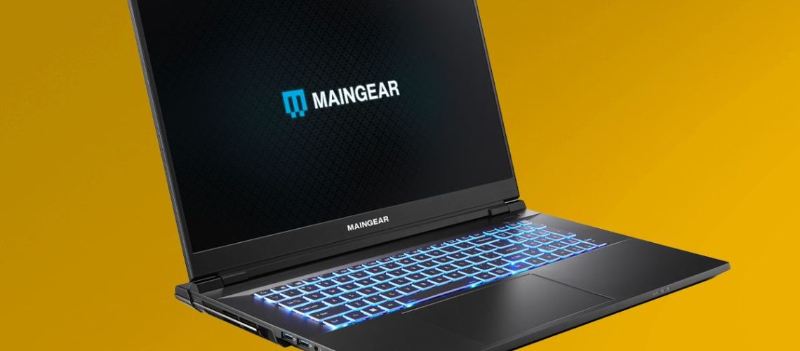 Maingear ML-17 gaming laptop in black against a yellow background.