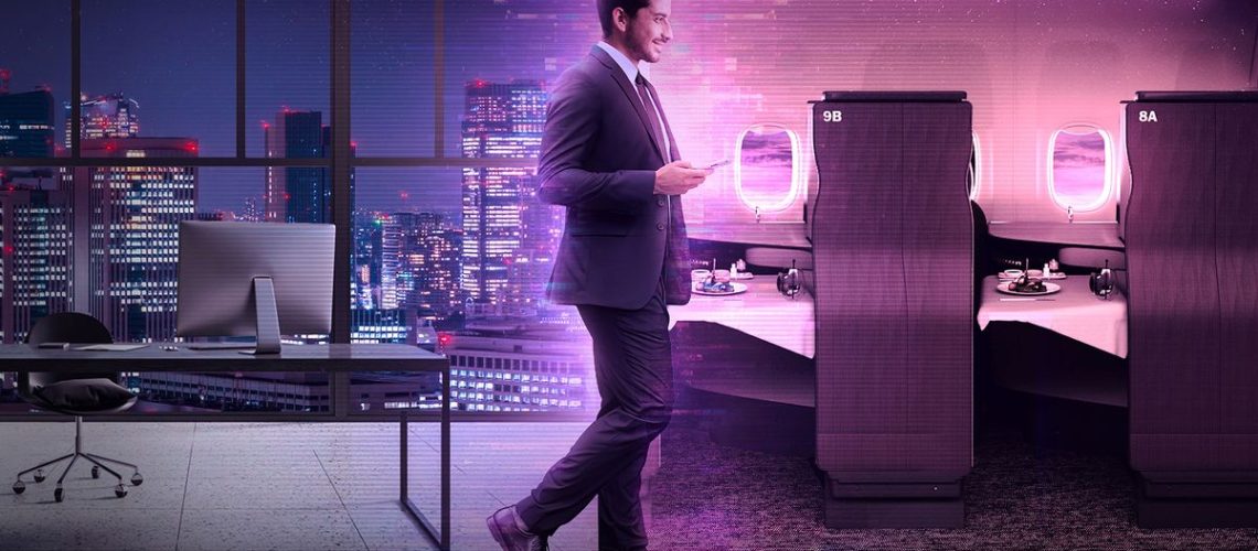 Image of a man walking into a digital plane to depict the new QA VR technology.