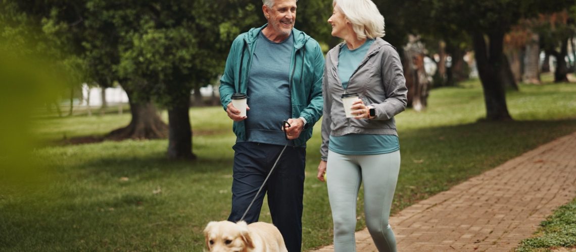 old couple and walking dog in park