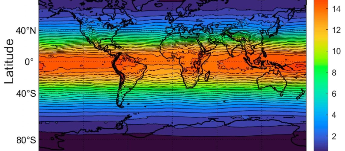 Midday mean clear-sky UVI values averaged over the days of March, 2004–2020. While generally latitude-dependent, the UVI is also influenced by column ozone (less in the Southern Hemisphere, especially at high latitudes), and altitude (most noticeable with the Andes on the west coast of South America). Study: Globally Estimated UVB Exposure Times Required to Maintain Sufficiency in Vitamin D Levels