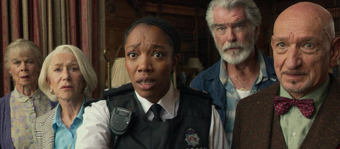 (L-R) Celia Imrie as Joyce Meadowcroft, Helen Mirren as Elizabeth Best, Naomi Ackie as Donna De Freitas, Pierce Brosnan as Ron Ritchie and Ben Kingsley as Ibrahim Arif in "The Thursday Murder Club"