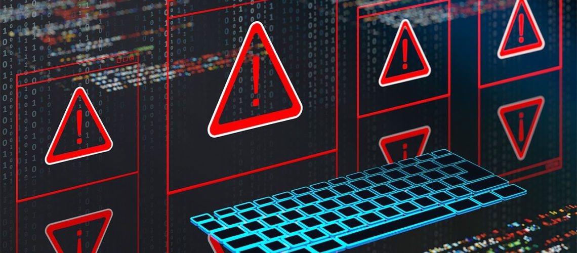 Computer graphic showing blue keyboard with multiple red warning triangle tabs