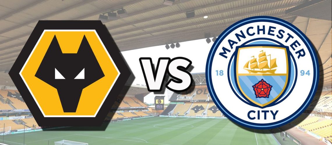 The Manchester City and Wolverhampton Wanderers club badges on top of a photo of the Etihad Stadium in Manchester, England