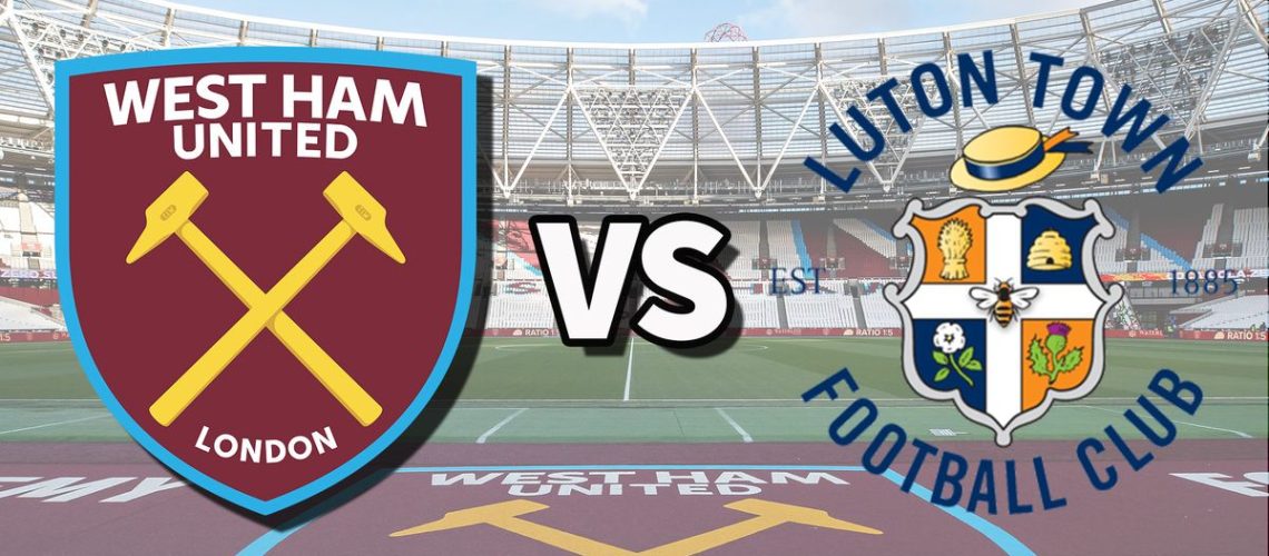 The West Ham United and Luton Town club badges on top of a photo of London Stadium in London, England