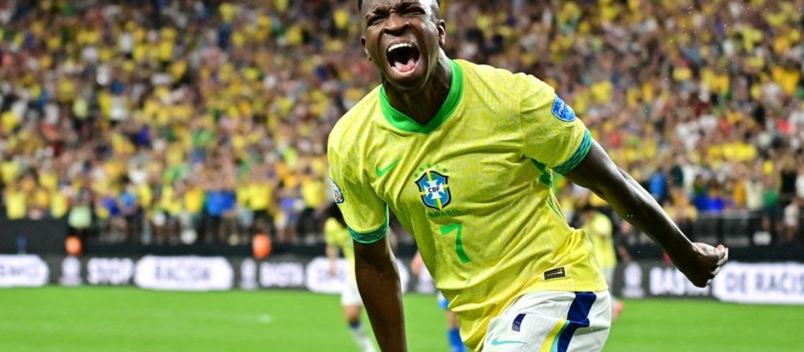 Vinicius Junior celebrates after scoring his team's first goal during the Conmebol 2024 Copa America match between Paraguay and Brazil ahead of the Venezuela vs Brazil 2026 World Cup qualifier