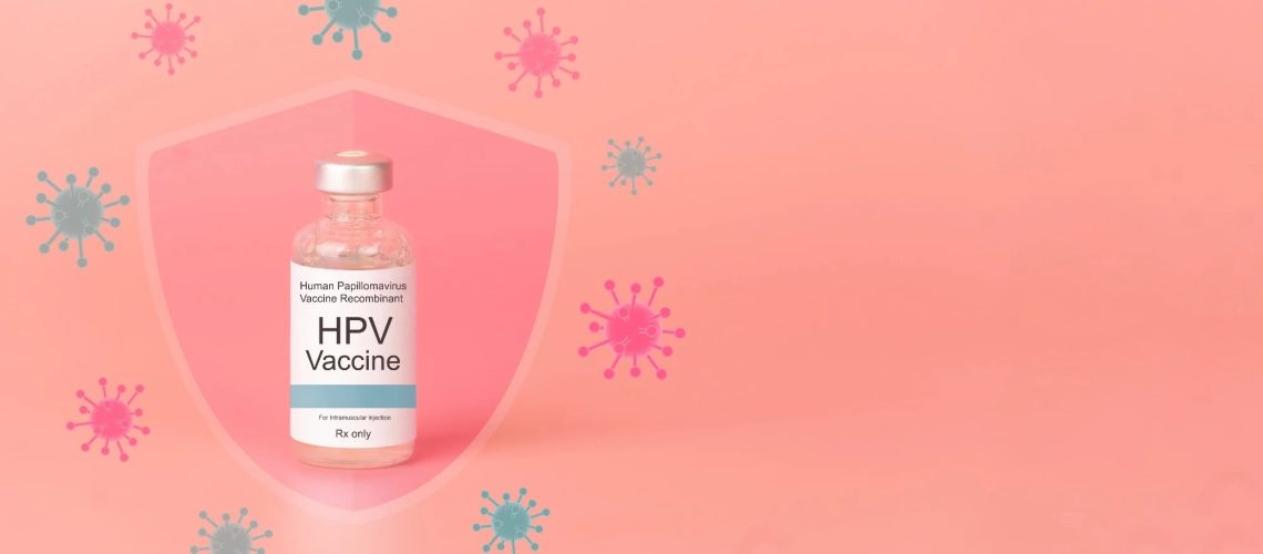 Human papillomavirus (HPV) vaccine bottle with glass shield and virus on pink background. HPV vaccine protects against certain types of HPV that can cause cervical cancer.