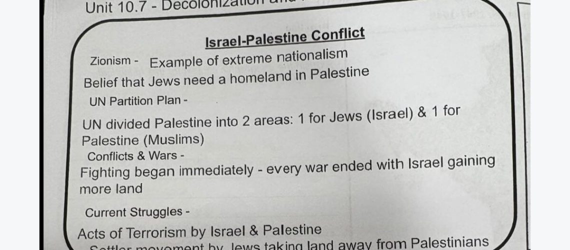 זעם נובע לאחר מדריך לימוד בתיכון בלונג איילנד מכנה ציונות 'לאומיות קיצונית'