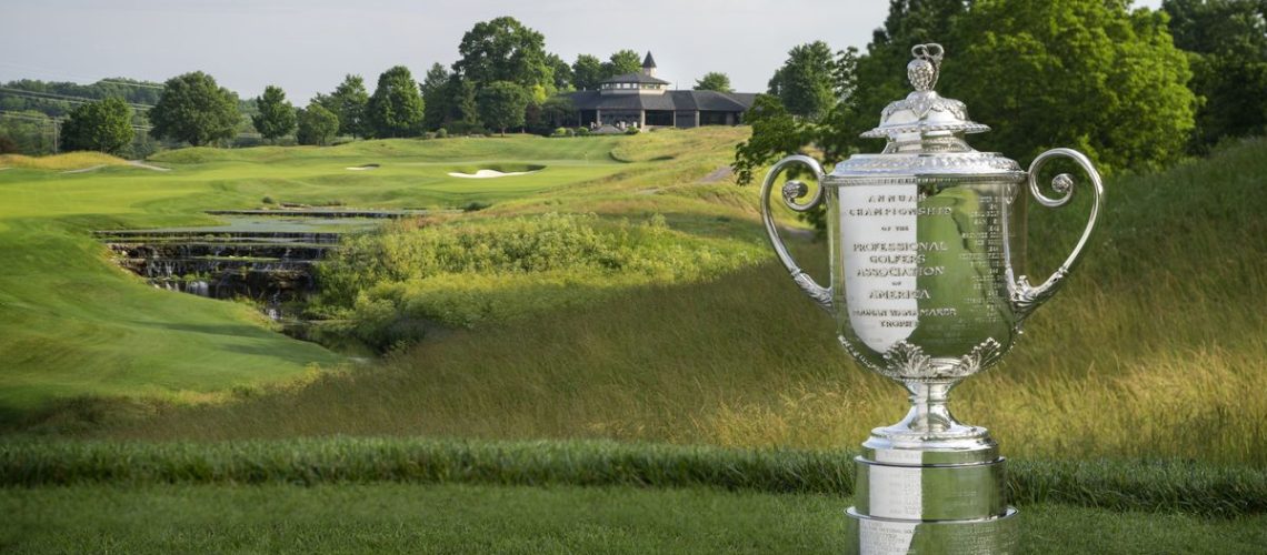 The PGA Championships Wanamaker trophy on the 18th hole at Valhalla Golf Club