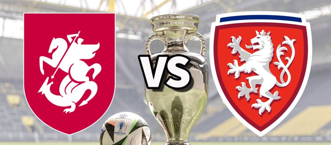 The Georgia and Czechia club badges on top of a photo of the Euro 2024 trophy and match ball