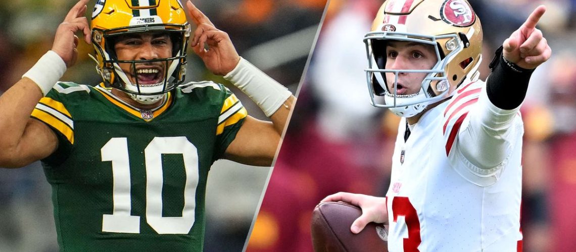 Jordan Love #10 of the Green Bay Packers gives assignments during an NFL wild-card playoff football game against the Dallas Cowboys at AT&T Stadium on January 14, 2024 in Dallas, Texas. (Photo by Cooper Neill/Getty Images) / Brock Purdy #13 of the San Francisco 49ers rolls out of the pocket against the Washington Commanders at FedExField on December 31, 2023 in Landover, Maryland. (Photo by G Fiume/Getty Images)