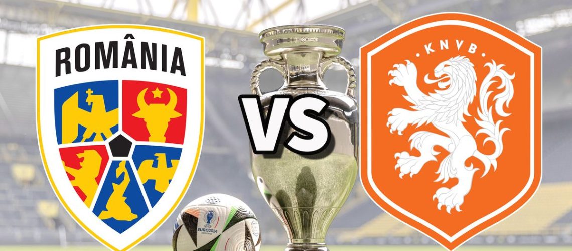 The Romania and Netherlands club badges on top of a photo of the Euro 2024 trophy and match ball