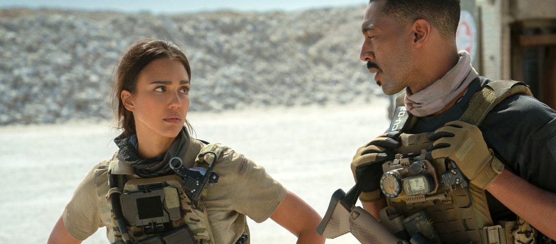 (L-R) Jessica Alba as Parker and Tone Bell as Spider in Trigger Warning.