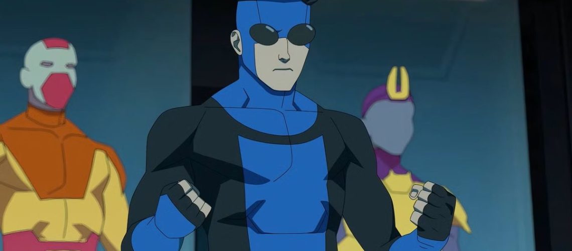 Mark Grayson (Steven Yeun) as Invincible in his blue suit during a scene from "Invincible" season 3 on Prime Video.