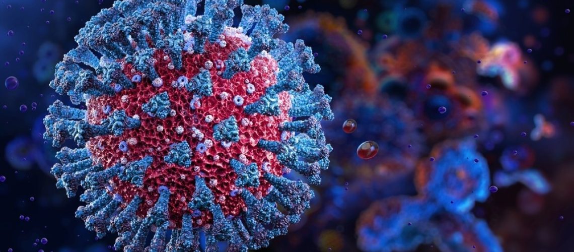 A highly detailed 3D-rendered illustration of a virus particle, with a red core covered in blue spike-like protein structures. The surrounding environment is dark with floating particles, giving a microscopic view of the virus in a biological setting.