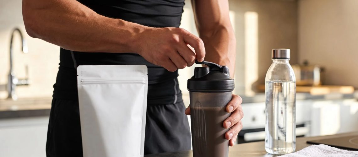 Athletic man preparing protein supplement drink during fitness training session in gym