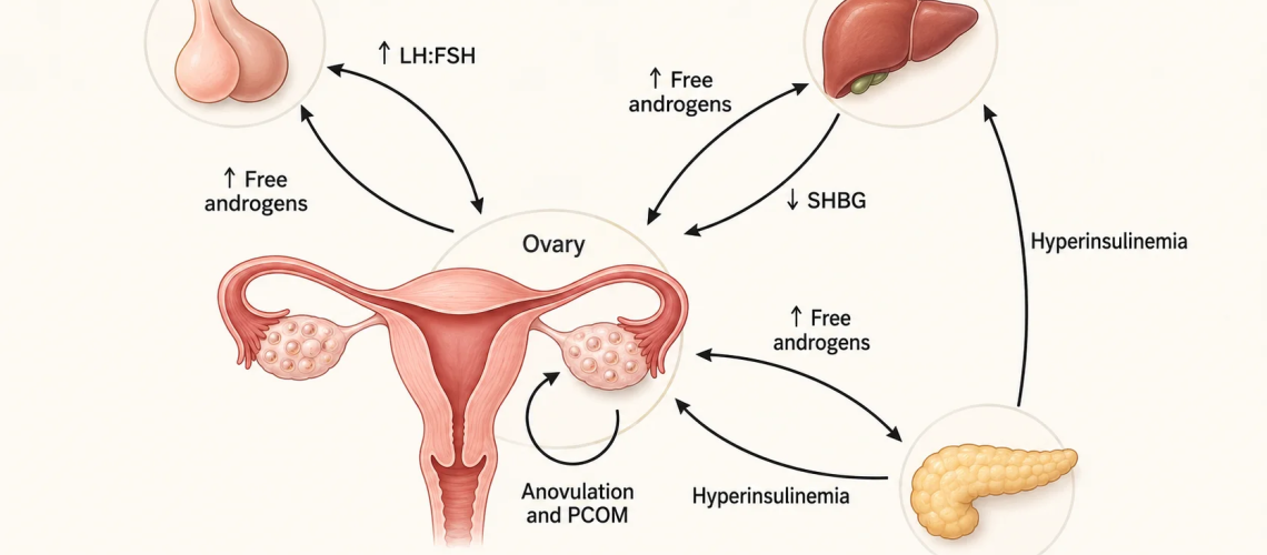 PCOS/PMOS pathophysiology. PCOS/PMOS is a complicated syndrome, involving multiple feedback loops in the anterior pituitary, liver, pancreas, and ovary, ultimately contributing to a hyperandrogenic state. In the pituitary, LH is released in higher quantities than FSH, simulating theca cells of the ovary to increase production of androgens. The androgens, in turn, stimulate the pituitary to release LH and FSH. The increased androgen also acts on the liver, decreasing SHBG and increasing circulating free androgens. Finally, at the level of the pancreas, androgens lead to hyperinsulinemia, which, in turn, decreases SHBG. Insulin also acts on theca cells to promote androgen release. All of these factors lead to HA, which leads to anovulation and PCOM in the ovary. LH, luteinizing hormone; FSH, follicle-stimulating hormone; SHBG, sex hormone–binding globulin. AI-assisted redrawing based on Figure 1 from Chan JL, Masini I, and Pisarska MD, “Polyendocrine metabolic ovarian syndrome (PMOS)/polycystic ovary syndrome (PCOS): current and future trends,” Journal of Clinical Investigation, 2026;136(12). https://www.jci.org/articles/view/202824. Original article published under the Creative Commons Attribution 4.0 International License.