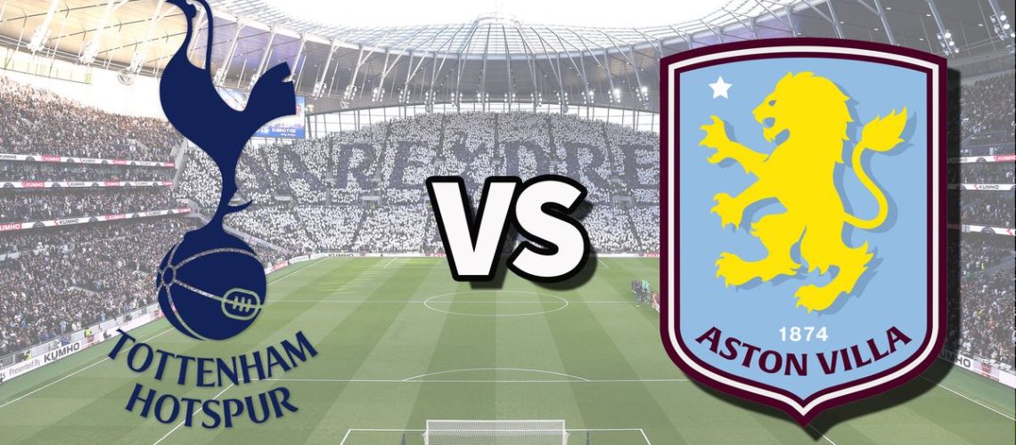 The Tottenham Hotspur and Aston Villa club badges on top of a photo of Tottenham Hotspur Stadium in London, England