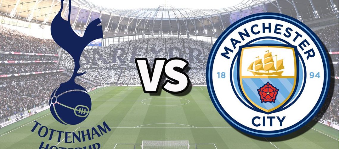 The Tottenham Hotspur and Manchester City club badges on top of a photo of Tottenham Hotspur Stadium in London, England
