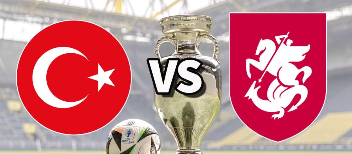 The Turkiye and Georgia club badges on top of a photo of the Euro 2024 trophy and match ball