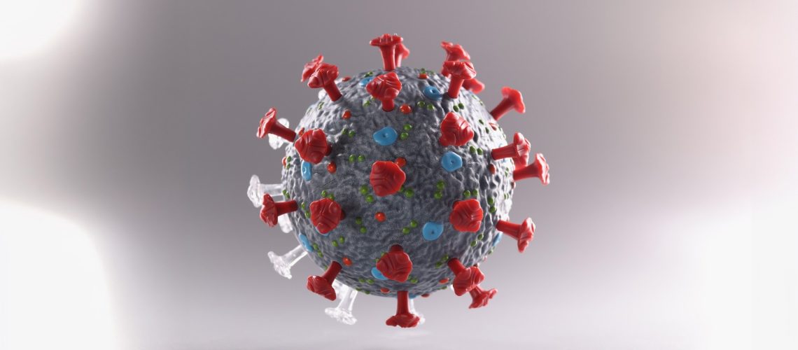 Close-up of coronavirus bacteria plastic model, micro virus and covid-19 cell bacteria.