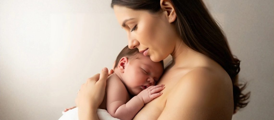 Mother holding newborn baby, skin to skin contact.