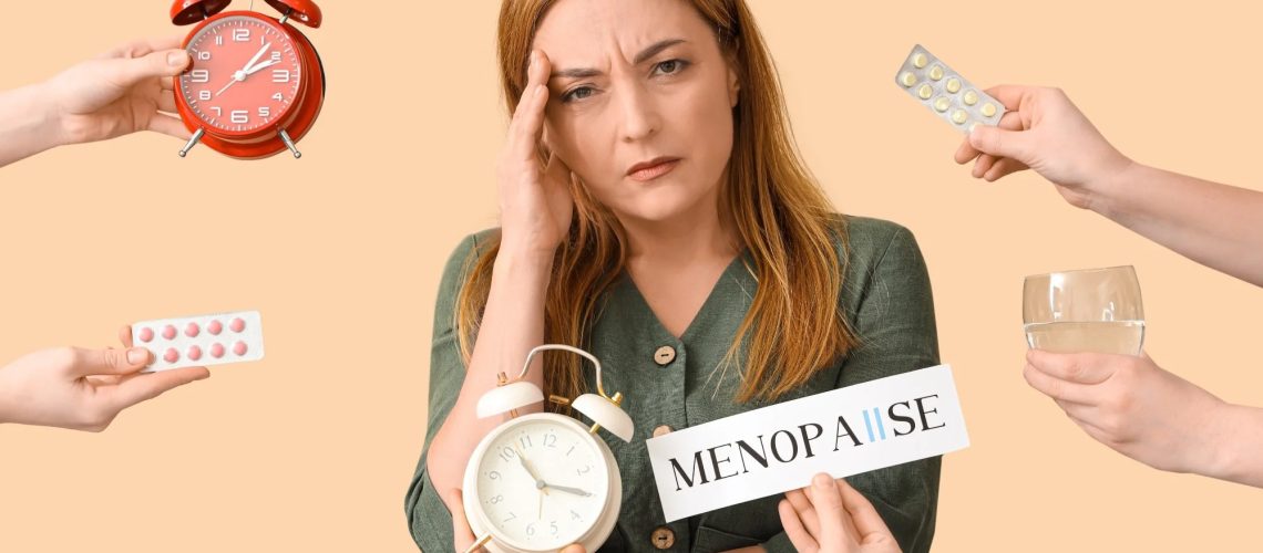 Mature woman experiencing menopause and hands with things on beige background