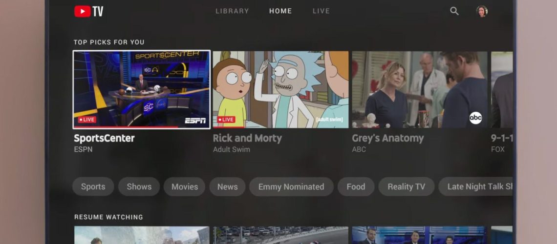 YouTube TV, one of the best cable tv alternatives, on a TV