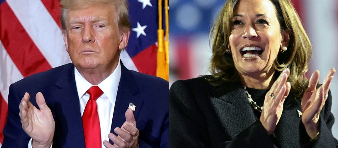 This combination of pictures created on November 4, 2024 shows former US President and 2024 presidential hopeful Donald Trump in Waterloo, Iowa, on December 19, 2023 and US Vice President and Democratic presidential candidate Kamala Harris in Philadelphia, Pennsylvania on November 4, 2024 ahead of the Trump vs Harris: US Presidential Election
