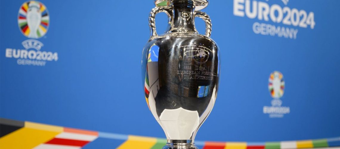 UEFA EURO trophy ahead of the UEFA EURO 2024 Play-offs Draw at the UEFA Headquarters