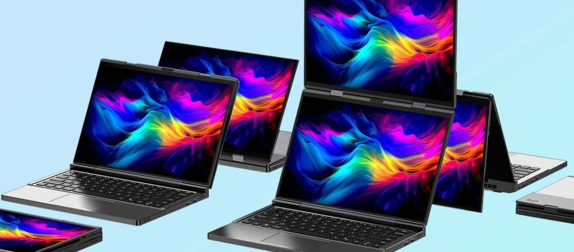 Multiple versions of the GPD Duo in various forms, folded, normal laptop, tablet format, dual screen