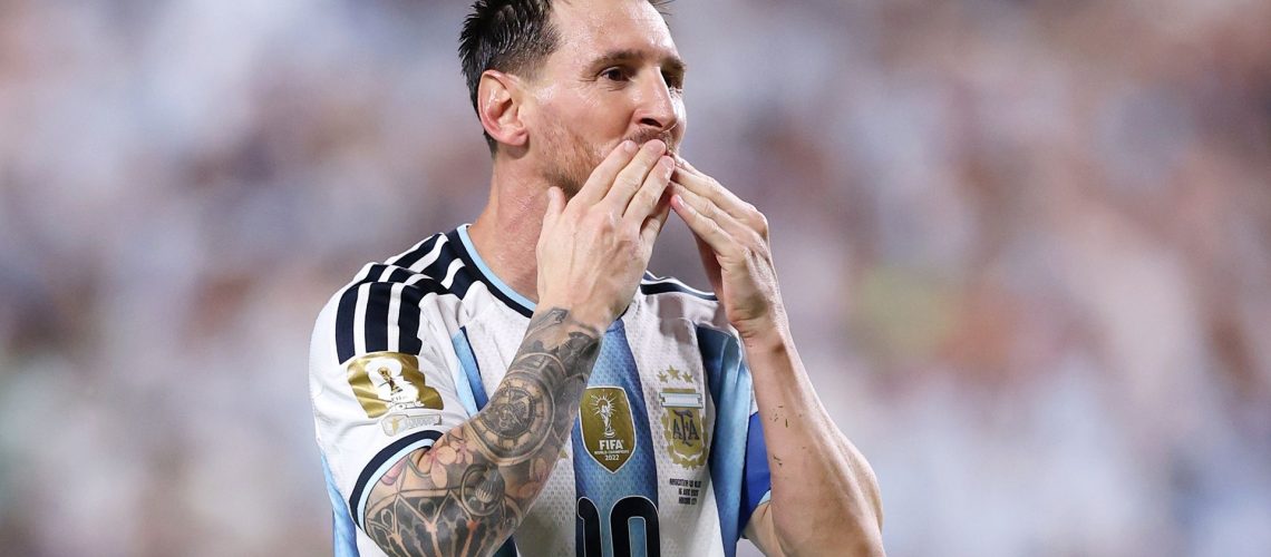 Lionel Messi of Argentina celebrates scoring his team's third and hat trick goal during the FIFA World Cup 2026 Group J match between Argentina and Algeria at Kansas City Stadium.