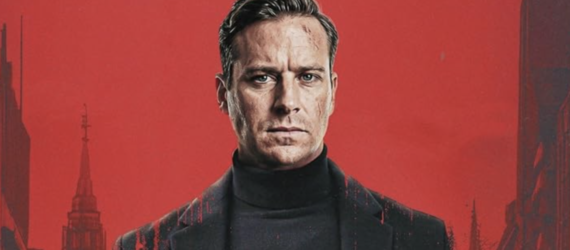 Citizen Vigilante movie poster featuring a graphic of a stern looking Armie Hammer in black rollneck jumper and black coat